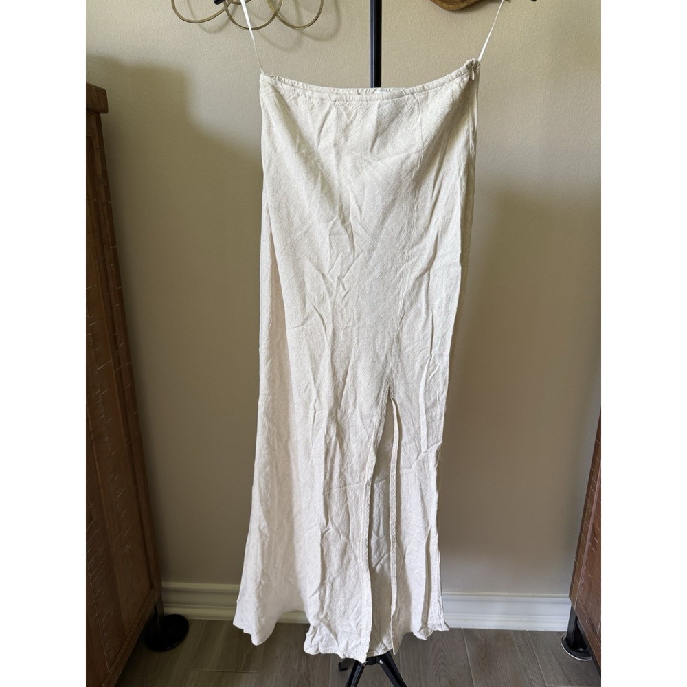 Princess Polly Linen Blend Maxi Skirt Cream Side Slit Boho US 6 Coastal